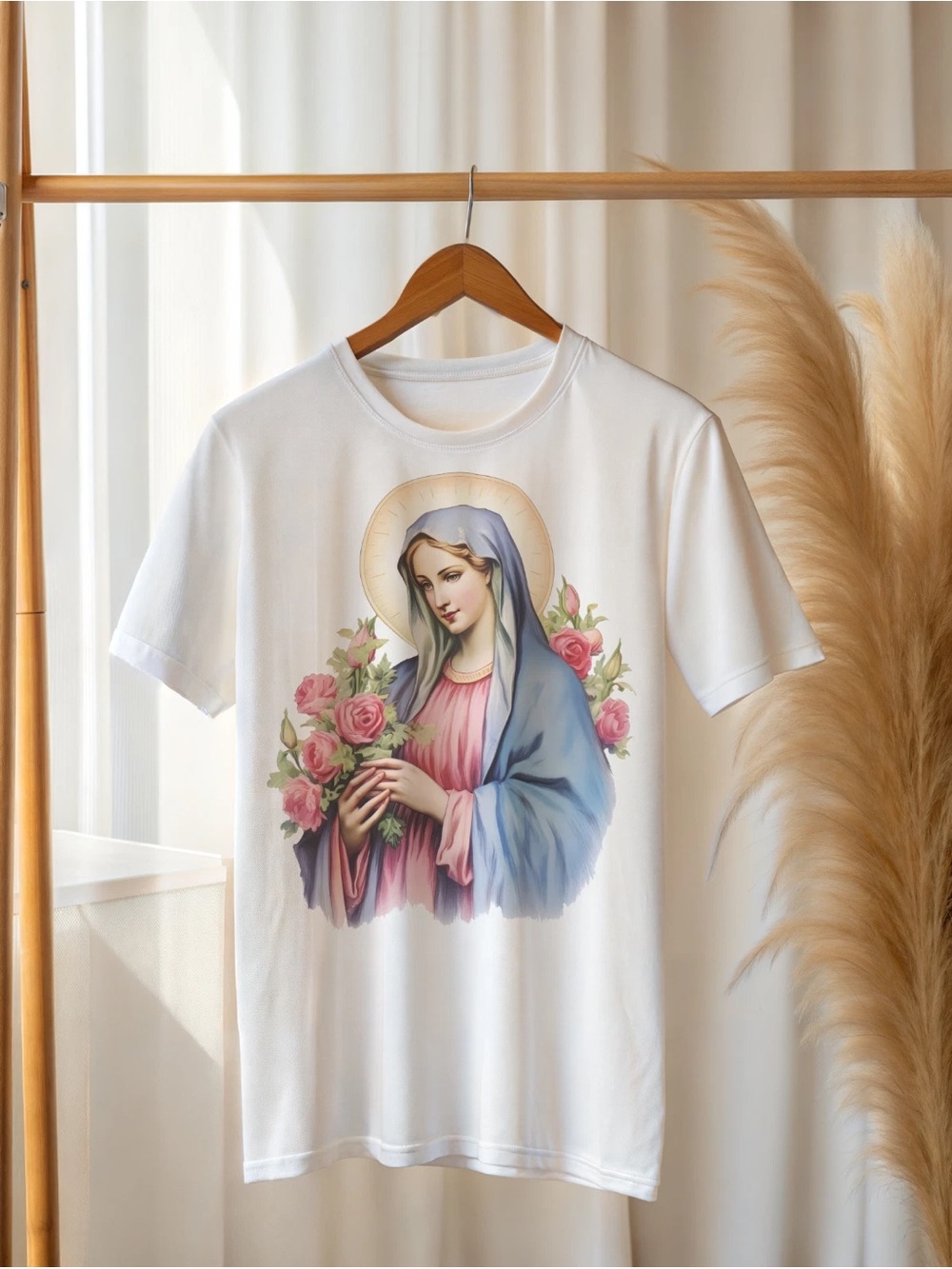 Virgin Mary T-Shirt – Blessed Mother Tee with Roses Catholic Faith Shirt